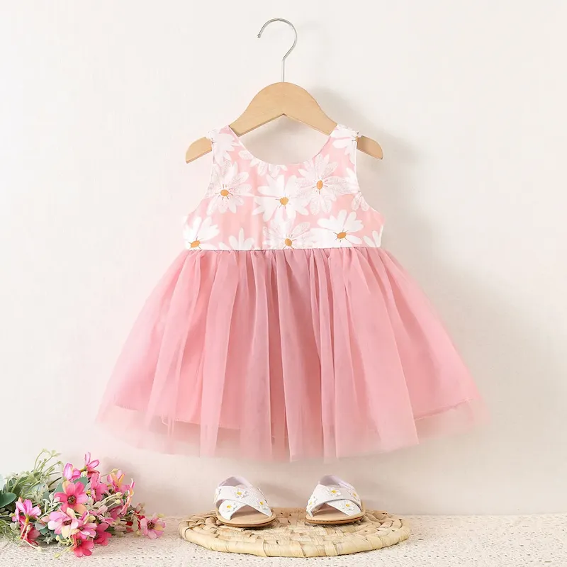 Wholesale Kids Baby Girls Fashion Cute Daisy Printed Mesh Sleeveless Bowknot Dress - Image 4