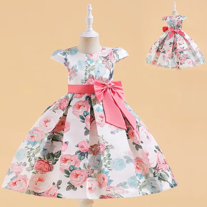 Wholesale Kids Girl'S Fashion Elegant Satin Floral Printed Bowknot Puff Sleeve Dress - Image 4