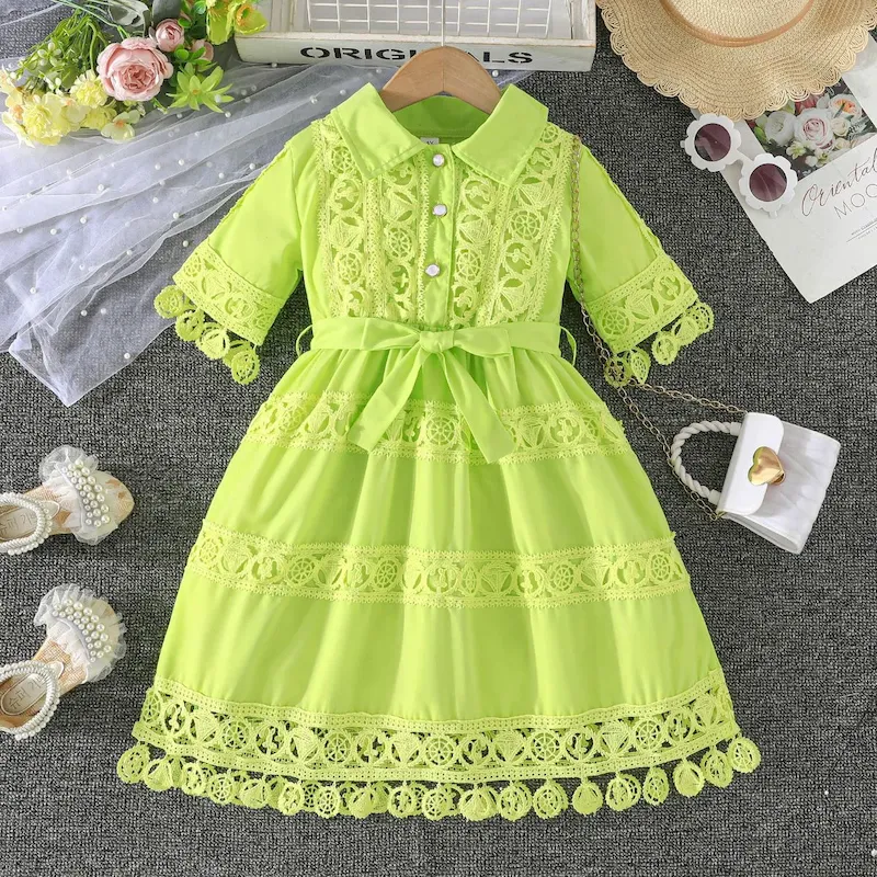 Wholesale Kids Girls Fashion Elegant Solid Color Lace Embroidered Lapel Short-Sleeve Lace-Up Dress - Image 8