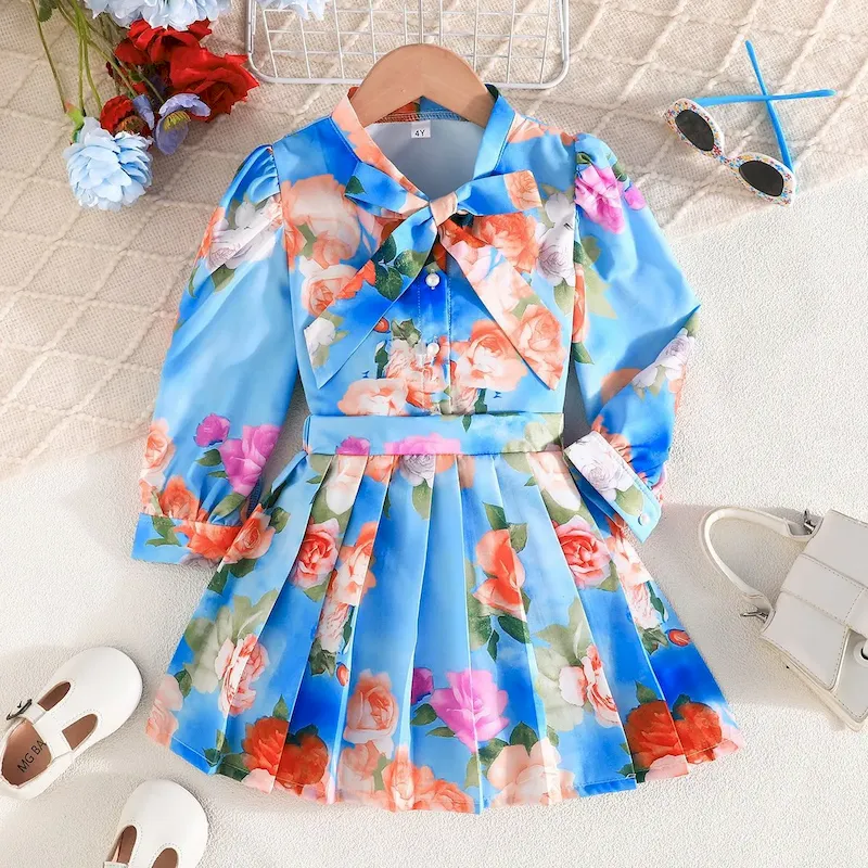 Wholesale Kids Girls Fashion Casual Flower Printed Lapel Long-Sleeve Shirts Pleated Skirts Two-Piece Set - Image 8