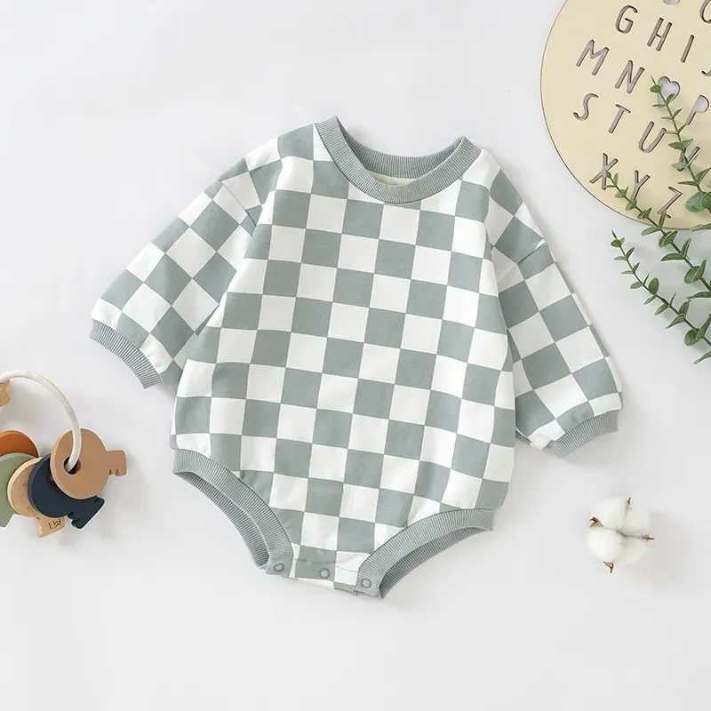 Wholesale Kids Baby Boys Girls Casual Cute Plaid Print Long Sleeve Romper - Image 7