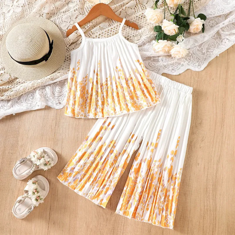 Wholesale Kids Girl'S Fashion Sweet Fresh Printed Pleated Camisole Loose Pants Two-Piece Set - Image 3
