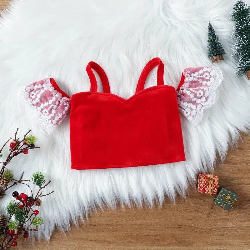 Wholesale Christmas Children Kids Toddler Girls Sweet Lace Ruffle Sleeves Tops And Flared Pants 2pcs Set - Image 3