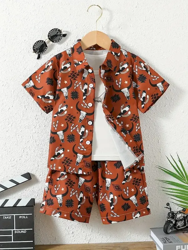 Wholesale Boys Fashion Casual Vacation Printed Short-Sleeve Blouse Loose Shorts Two-Piece Set - Image 12