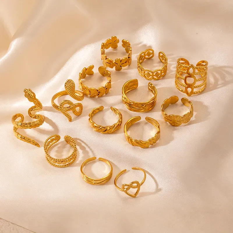 Wholesale Women Simple Geometric Leaf Heart-Shaped Titanium Steel Open Ring