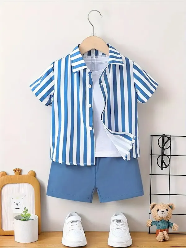 Wholesale Boys Fashion Casual Vacation Printed Short-Sleeve Blouse Loose Shorts Two-Piece Set - Image 34