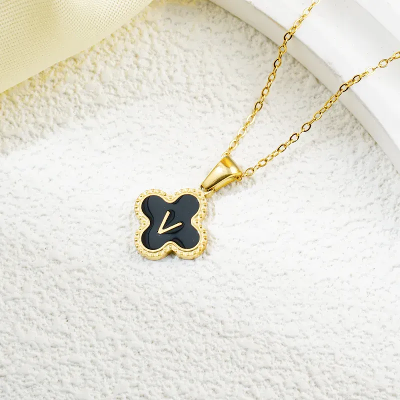 Wholesale Fashion Clover 26 Letter Black White Fritillaria Necklace - Image 46