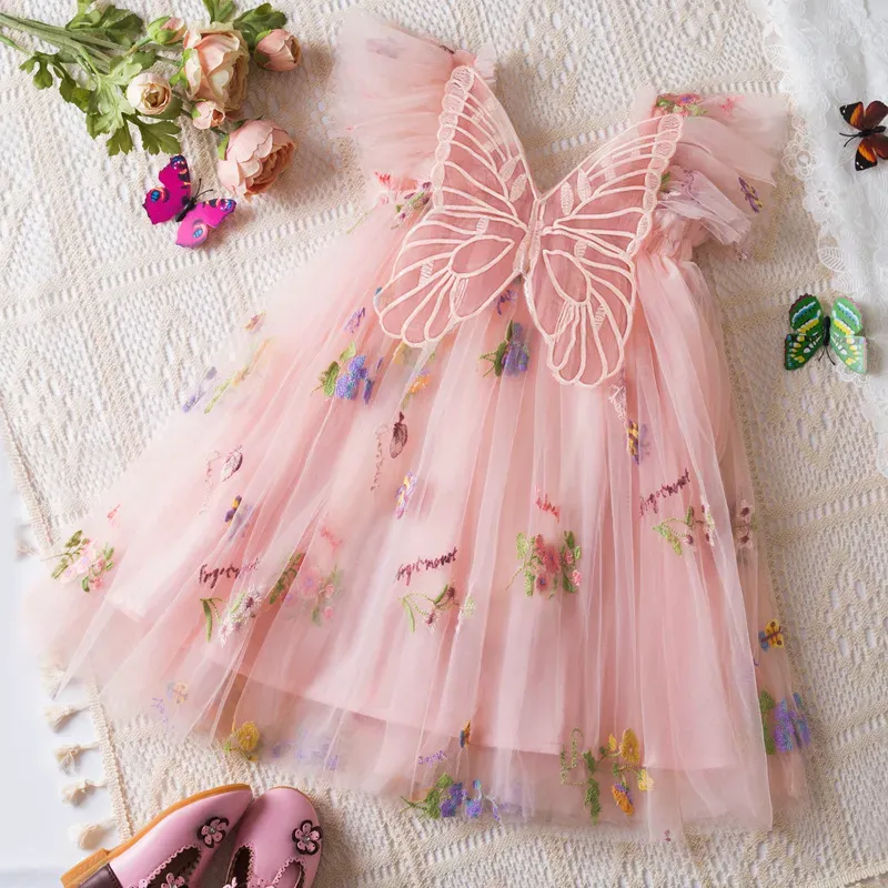 Wholesale Kids Girls Fashion Elegant Floral Embroidered Butterfly Mesh Flying Sleeve Dress