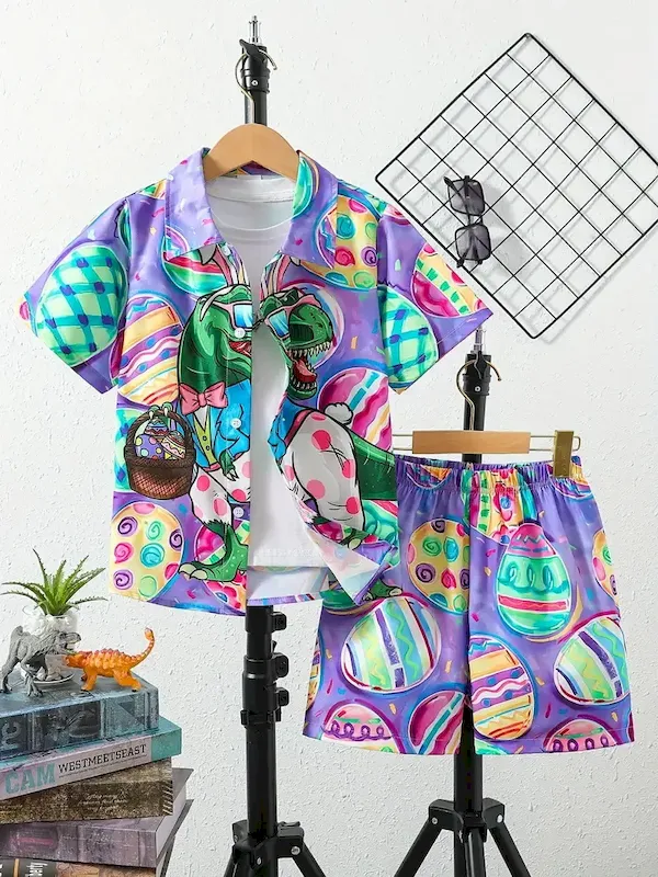 Wholesale Boys Fashion Casual Vacation Printed Short-Sleeve Blouse Loose Shorts Two-Piece Set - Image 26