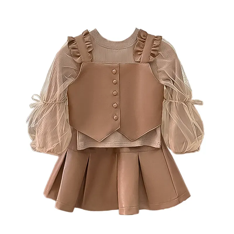 Wholesale Kids Girl'S Fashion Retro Leather Stitching Mesh Long-Sleeve Top Pleated Skirts Two-Piece Set - Image 5