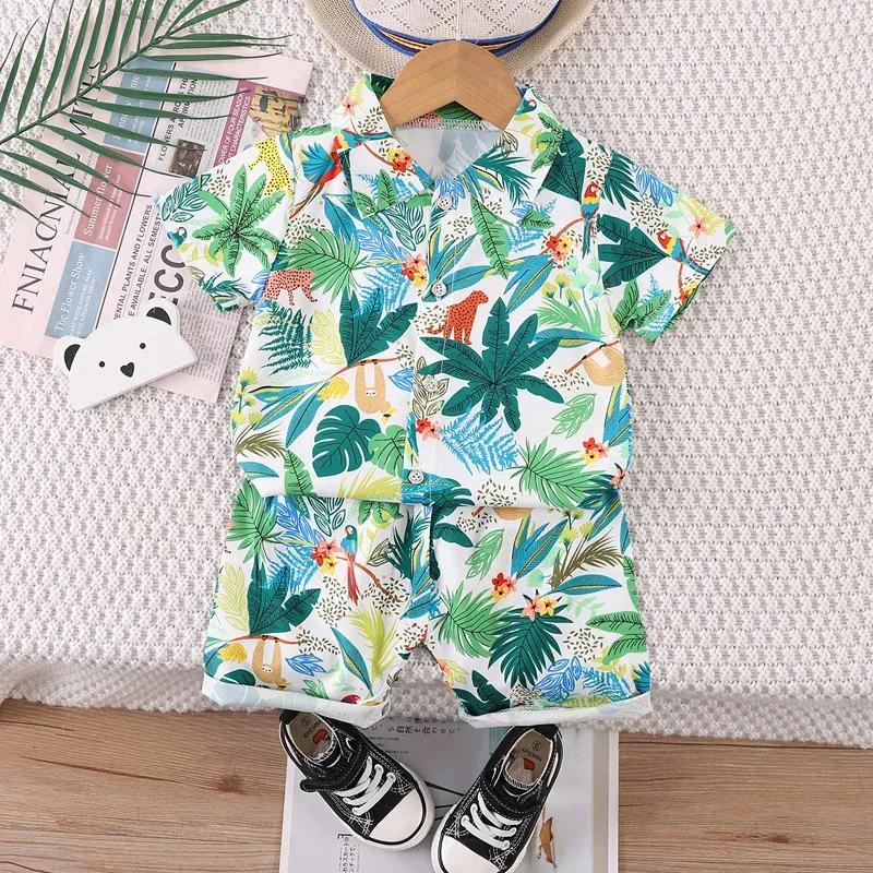 Wholesale Kids Baby Boys Casual Holiday Tiny Flower Print Short Sleeve Lapel Shirt Shorts Sets - Image 5