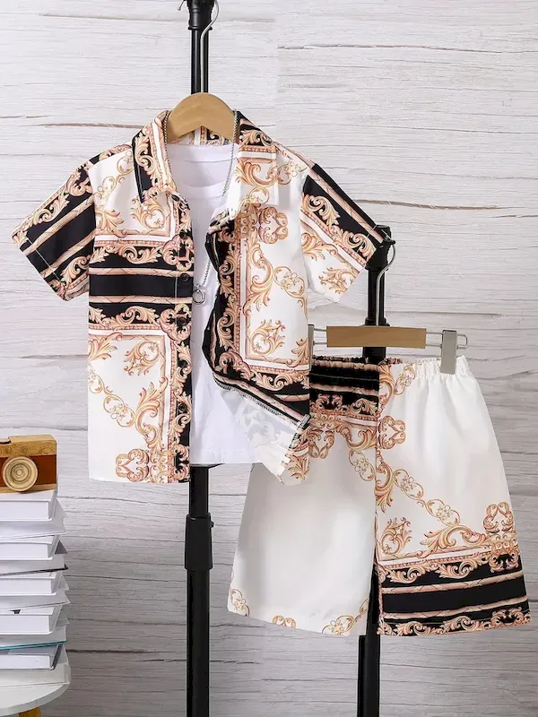 Wholesale Boys Fashion Casual Vacation Printed Short-Sleeve Blouse Loose Shorts Two-Piece Set - Image 8