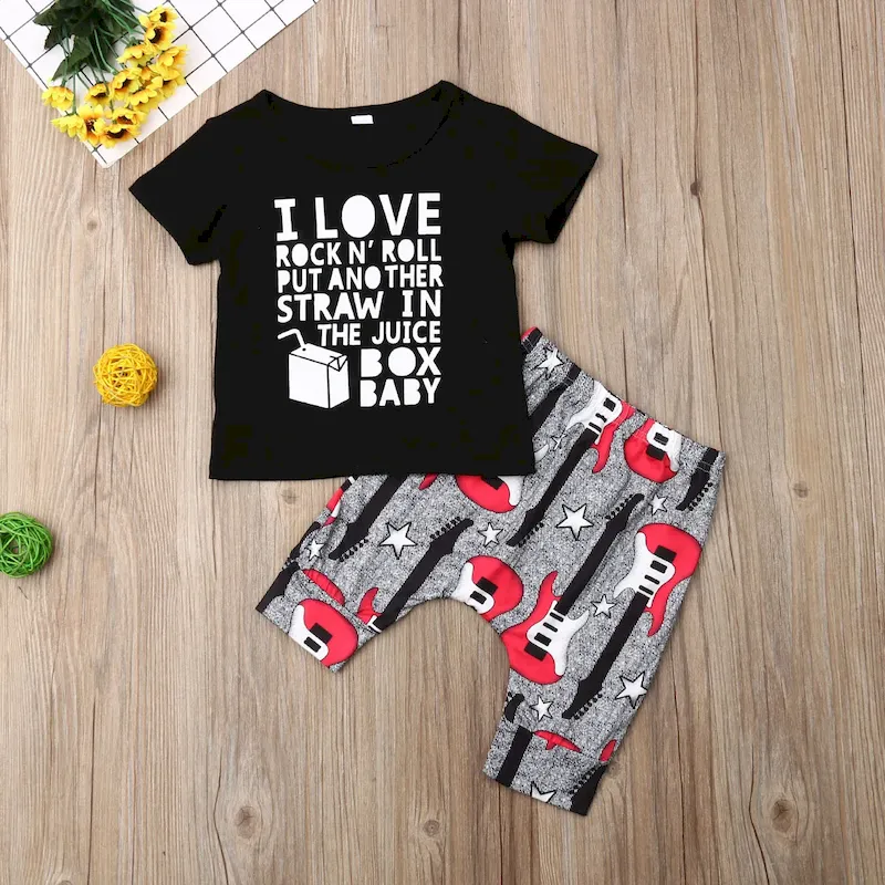 Wholesale Boys Basic Round Neck Short Sleeve Letter T-shirt And Elastic Guitar Harem Pants Set
