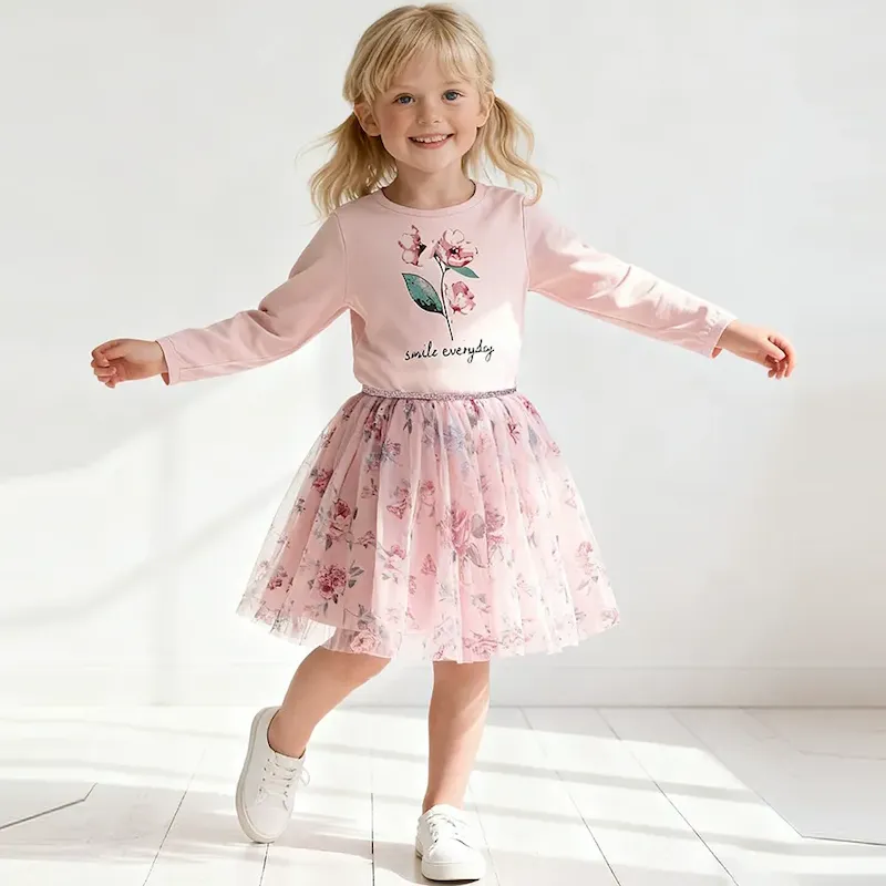 Wholesale Kids Girls Fashion Cute Printed Round Neck Long Sleeve Mesh Dress