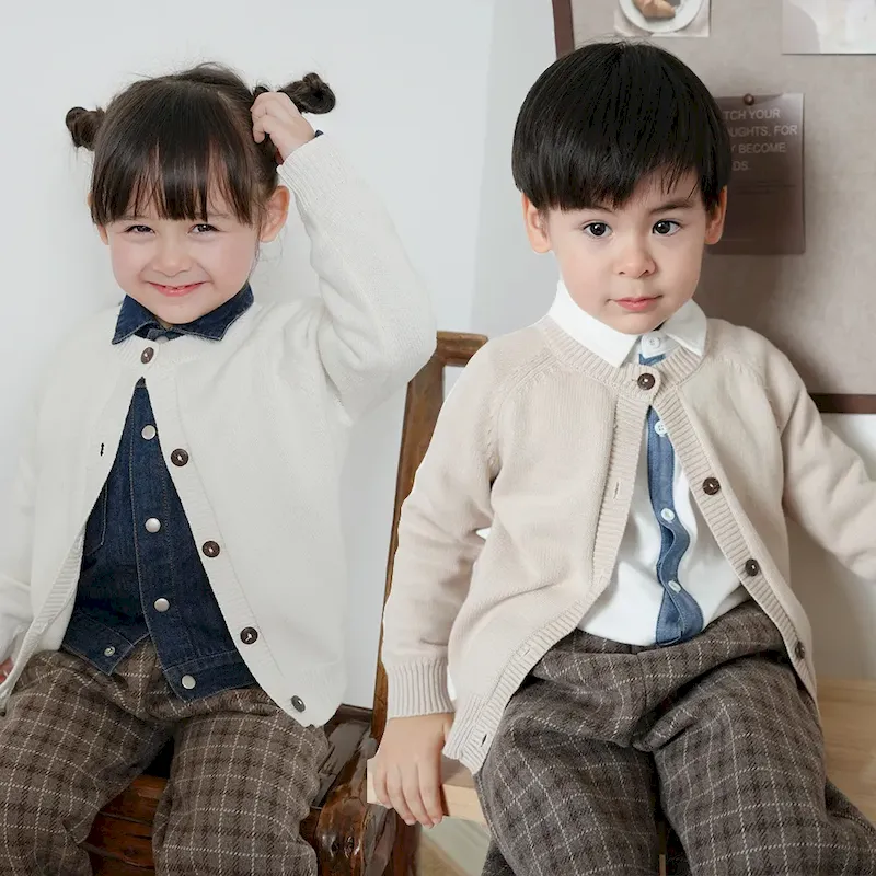 Wholesale Kids Toddler Boys Girls Autumn Winter Casual Cute Solid Color Cardigan Knitted Long Sleeve Sweater