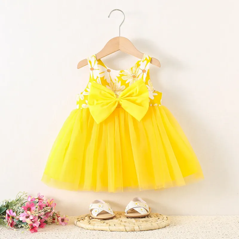 Wholesale Kids Baby Girls Fashion Cute Daisy Printed Mesh Sleeveless Bowknot Dress - Image 3