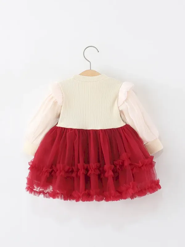 Wholesale Kids Girls Fashion Pu Leather Fake Two-Piece Puffy Yarn Long-Sleeve Mesh Dress - Image 3