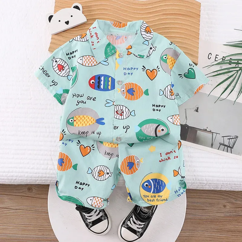 Wholesale Kids Baby Boys Casual Cute Cartoon Print Short Sleeve Lapel Shirt Shorts Sets - Image 17