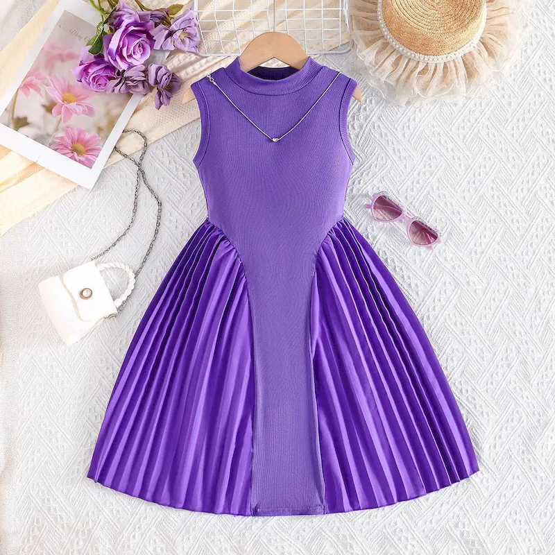 Wholesale Kids Girl'S Fashion Elegant Solid Color Pleated Stitching Sleeveless Dress - Image 6