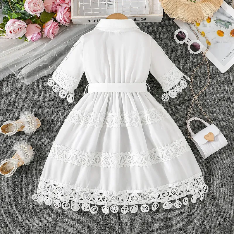 Wholesale Kids Girls Fashion Elegant Solid Color Lace Embroidered Lapel Short-Sleeve Lace-Up Dress - Image 4