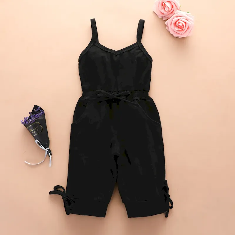 Wholesale Kids Baby Girls' Fashion Casual Solid Color Cotton Sleeveless Lace-Up Jumpsuit - Image 7