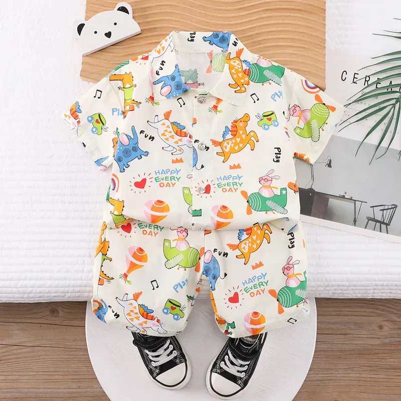 Wholesale Kids Baby Boys Casual Cute Cartoon Print Short Sleeve Lapel Shirt Shorts Sets - Image 11