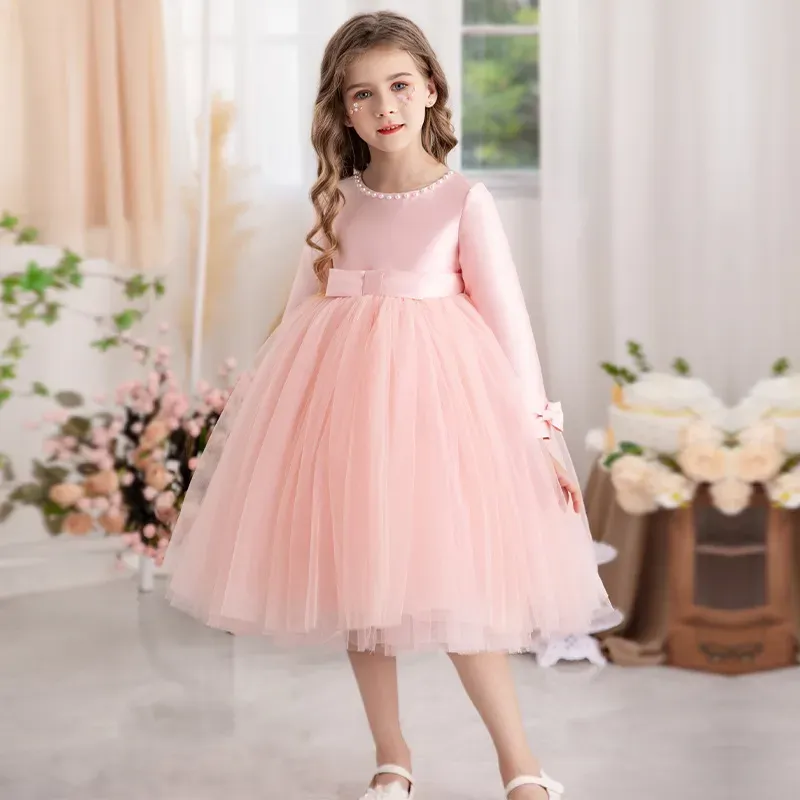 Wholesale Kids Toddler Big Girls Casual Party Solid Color Mesh Long Sleeve Pearl Round Neck Tutu Princess Dress - Image 7
