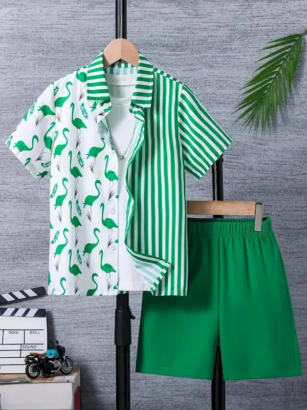 Wholesale Boys Fashion Casual Vacation Printed Short-Sleeve Blouse Loose Shorts Two-Piece Set - Image 30