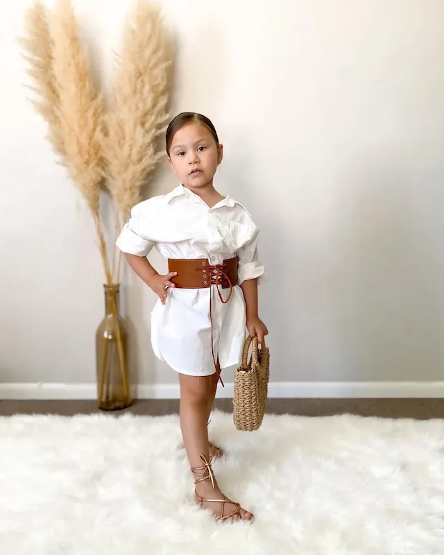 Wholesale Children Kids Toddler Girls Solid Color Lapel White Dresss And Belt 2pcs Set - Image 7