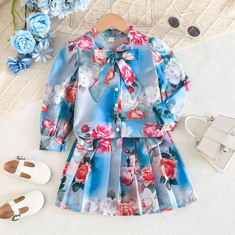 Wholesale Kids Girls Fashion Casual Flower Printed Lapel Long-Sleeve Shirts Pleated Skirts Two-Piece Set - Image 6