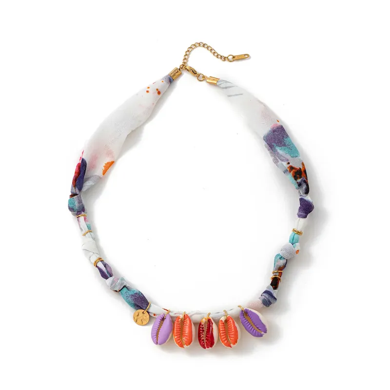 Wholesale Beach Series Necklace Marine Life Multicolor Floral Shell Pendant Silk Scarf Cloth Strip Necklace - Image 13