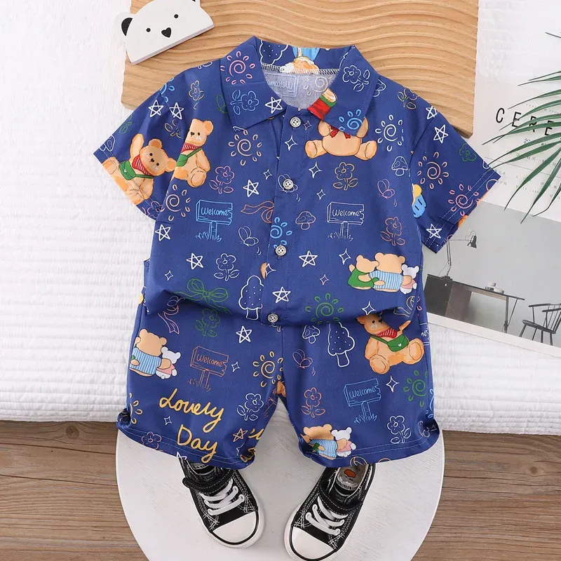 Wholesale Kids Baby Boys Casual Cute Cartoon Print Short Sleeve Lapel Shirt Shorts Sets - Image 3