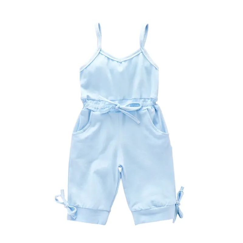 Wholesale Kids Baby Girls' Fashion Casual Solid Color Cotton Sleeveless Lace-Up Jumpsuit - Image 5