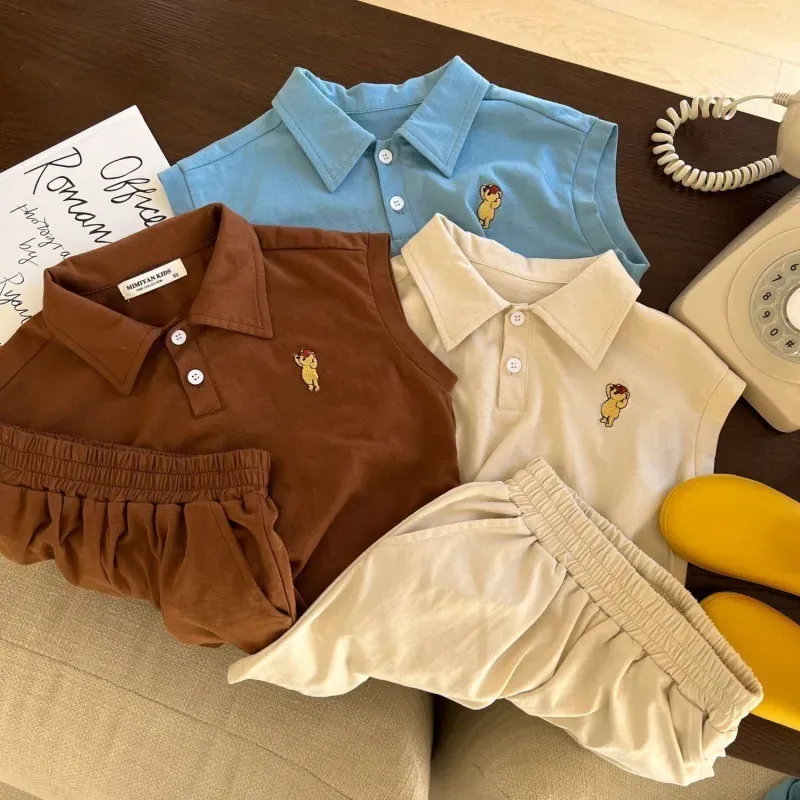 Wholesale Kids Casual Cartoon Embroidery Lapel Sleeveless Loose Top And Elastic Waist Shorts Set - Image 6