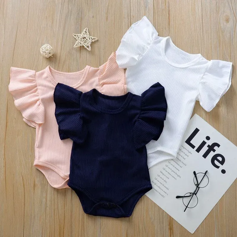 Wholesale Baby Infant Toddler Girl Solid Color Short Sleeves Bodysuit