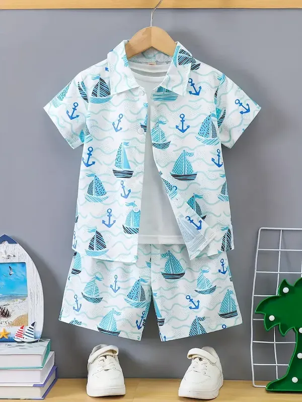 Wholesale Boys Fashion Casual Vacation Printed Short-Sleeve Blouse Loose Shorts Two-Piece Set - Image 18