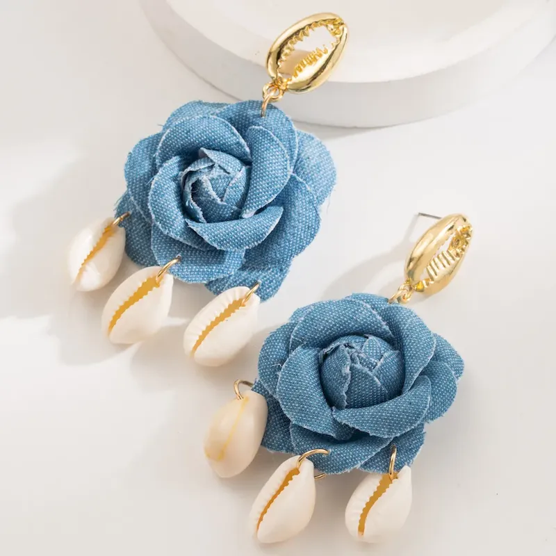 Wholesale Women Fashion Elegant Denim Artificial Flower Shell Earrings
