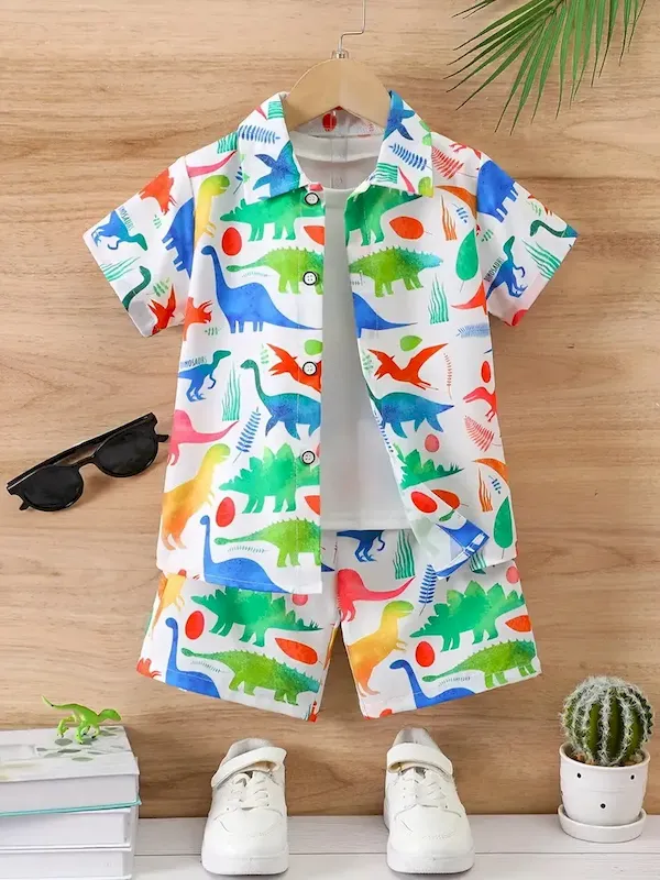 Wholesale Boys Fashion Casual Vacation Printed Short-Sleeve Blouse Loose Shorts Two-Piece Set - Image 23