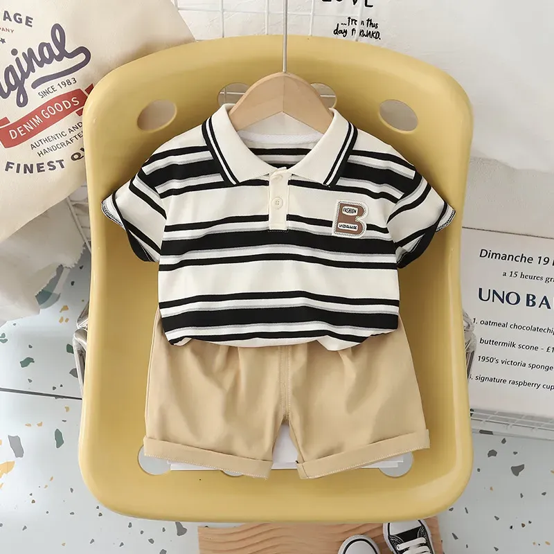 Wholesale Boy Fashion Casual Lapel Stripe Short-Sleeve T-Shirt Loose Shorts Two-Piece Set - Image 4
