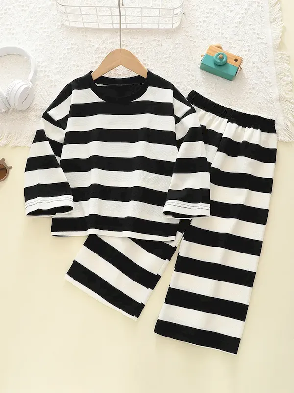 Wholesale Boy Fashion Casual Black White Wide Striped Long-Sleeve T-Shirt Loose Pants Two-Piece Set - Image 3