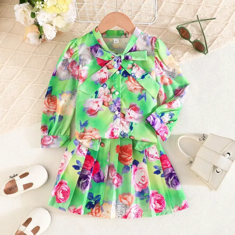 Wholesale Kids Girls Fashion Casual Flower Printed Lapel Long-Sleeve Shirts Pleated Skirts Two-Piece Set - Image 7