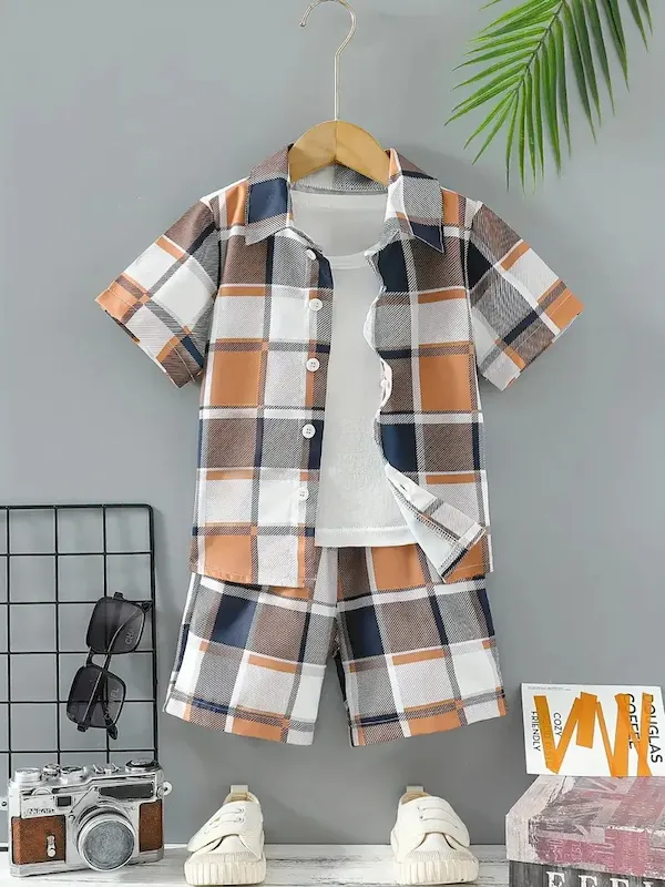 Wholesale Boys Fashion Casual Vacation Printed Short-Sleeve Blouse Loose Shorts Two-Piece Set - Image 28