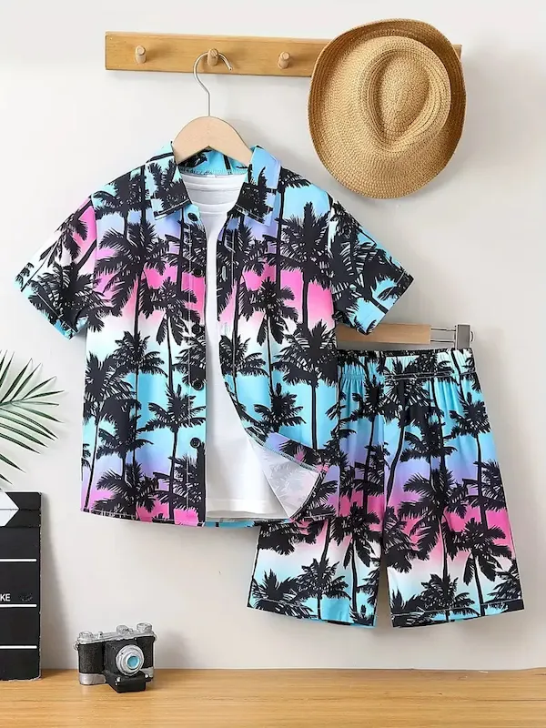 Wholesale Boys Fashion Casual Vacation Printed Short-Sleeve Blouse Loose Shorts Two-Piece Set - Image 17