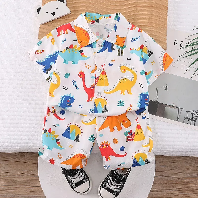Wholesale Kids Baby Boys Casual Cute Cartoon Print Short Sleeve Lapel Shirt Shorts Sets - Image 15