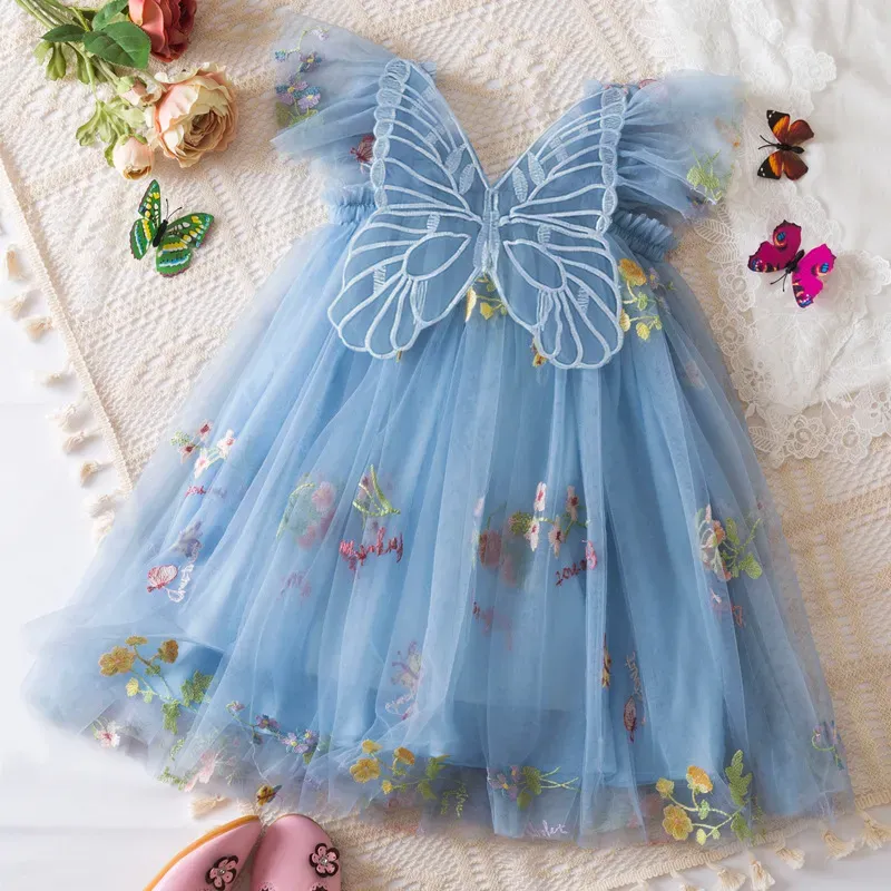 Wholesale Kids Girls Fashion Elegant Floral Embroidered Butterfly Mesh Flying Sleeve Dress - Image 9