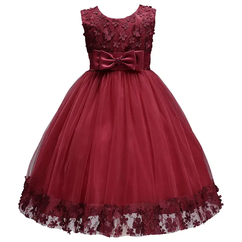 Wholesale Kids Girls Fashion Elegant Solid Color Lace Bowknot Mesh Sleeveless Princess Dress - Image 5