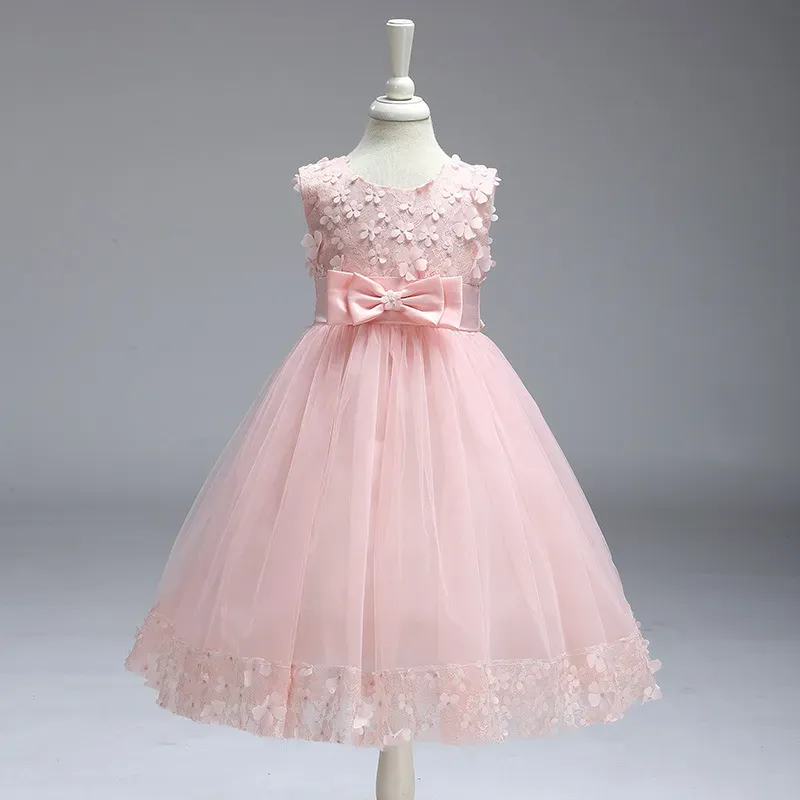 Wholesale Kids Girls Fashion Elegant Solid Color Lace Bowknot Mesh Sleeveless Princess Dress - Image 9