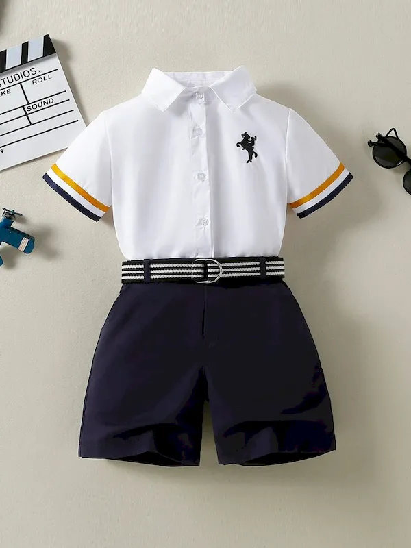 Wholesale Boys' Fashion Lapel Contrast Color Short-Sleeve Blouse Loose Shorts Two-Piece Set - Image 6
