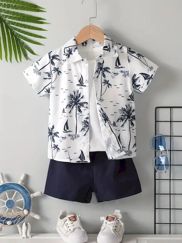 Wholesale Boys Fashion Casual Vacation Printed Short-Sleeve Blouse Loose Shorts Two-Piece Set - Image 9