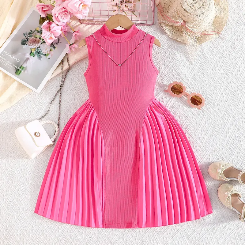 Wholesale Kids Girl'S Fashion Elegant Solid Color Pleated Stitching Sleeveless Dress - Image 5